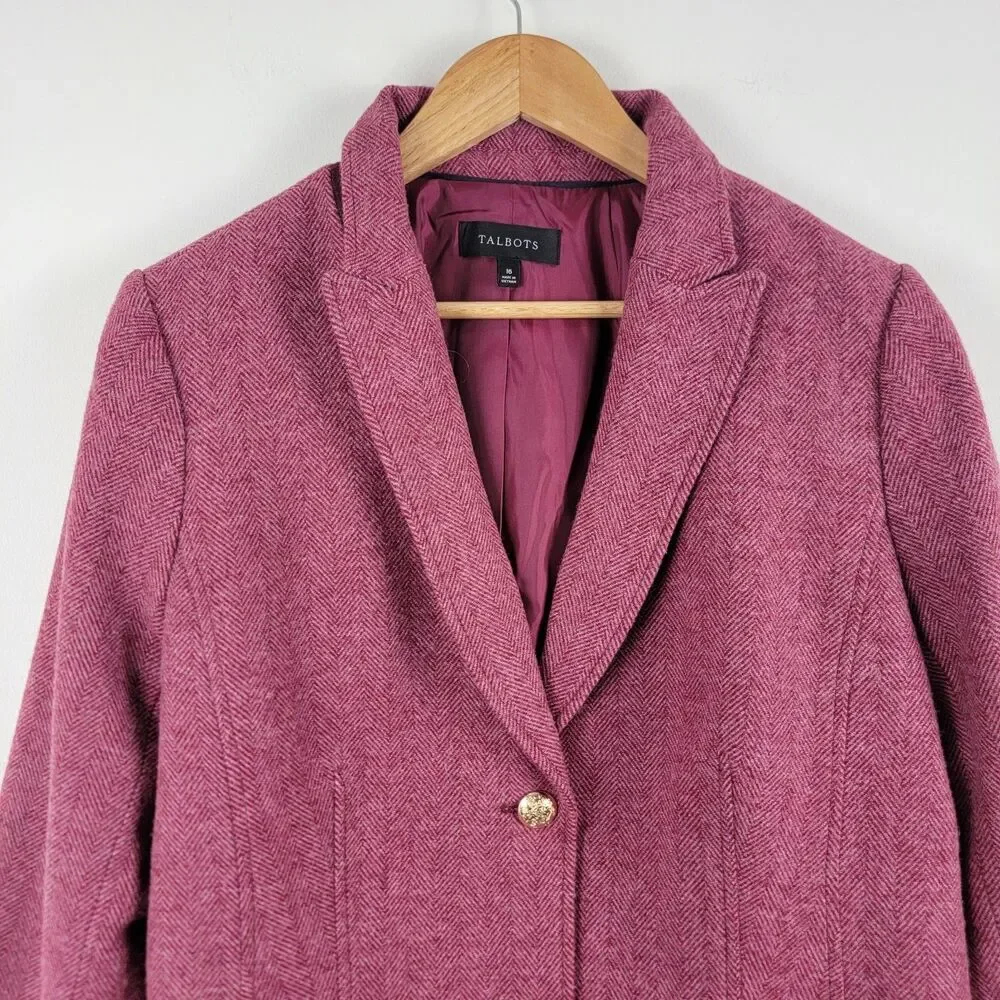 Talbots Classic Pink Blazer Wool Blend Size 16 Gold Buttons Office Business Work